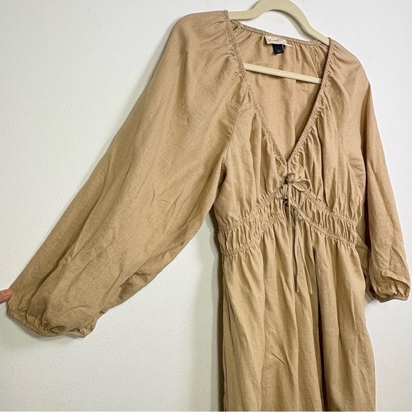 Target Universal Thread Linen Prairie Milkmaid Peasant Midi V Neck Dress Wheat S - Picture 8 of 15